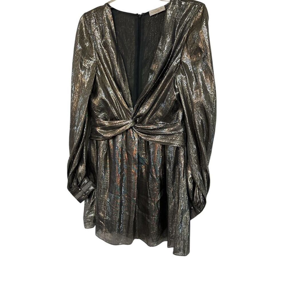 Ramy Brook Bonny Dress Silver Metallic Mini V Neck Long Sleeve SZ 6